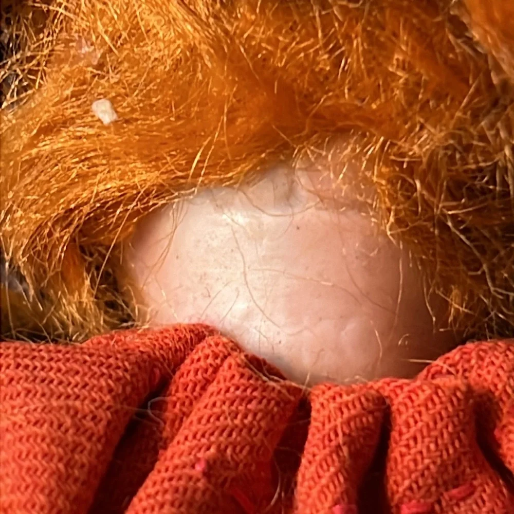 Antique bisque doll with carved wood body open mouth glass eyes marked red hair
